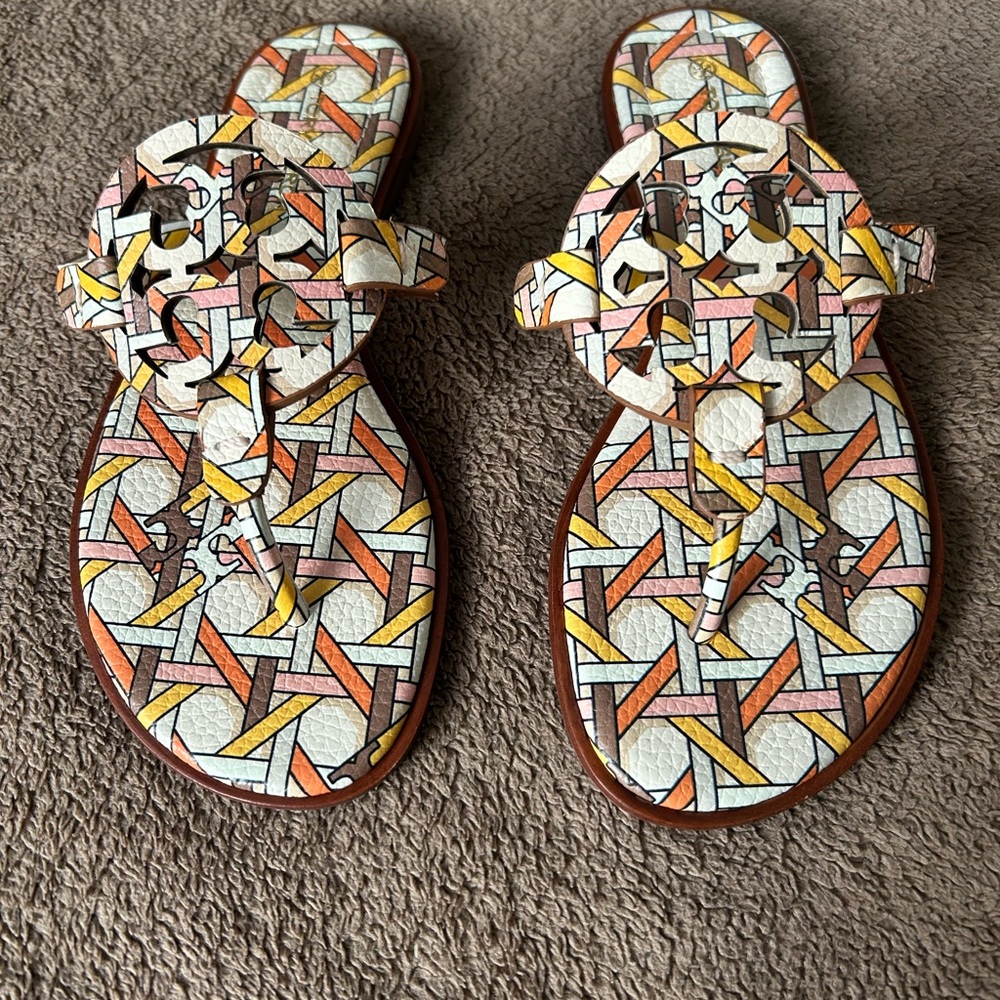 Tory Burch Yellow and Orange Sandals with T-strap Design